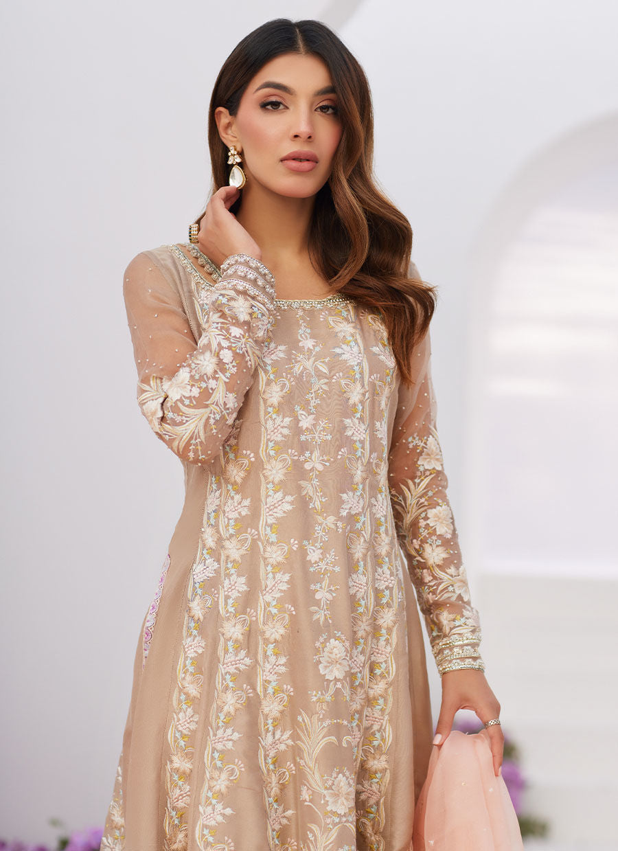 Farah Talib Aziz | Zaza Luxe Pret 24 | CHARLENE SAND EMBROIDERED KALIDAAR WITH DUPATTA - Official Farah Talib Aziz stockist in UK - Sakeena London