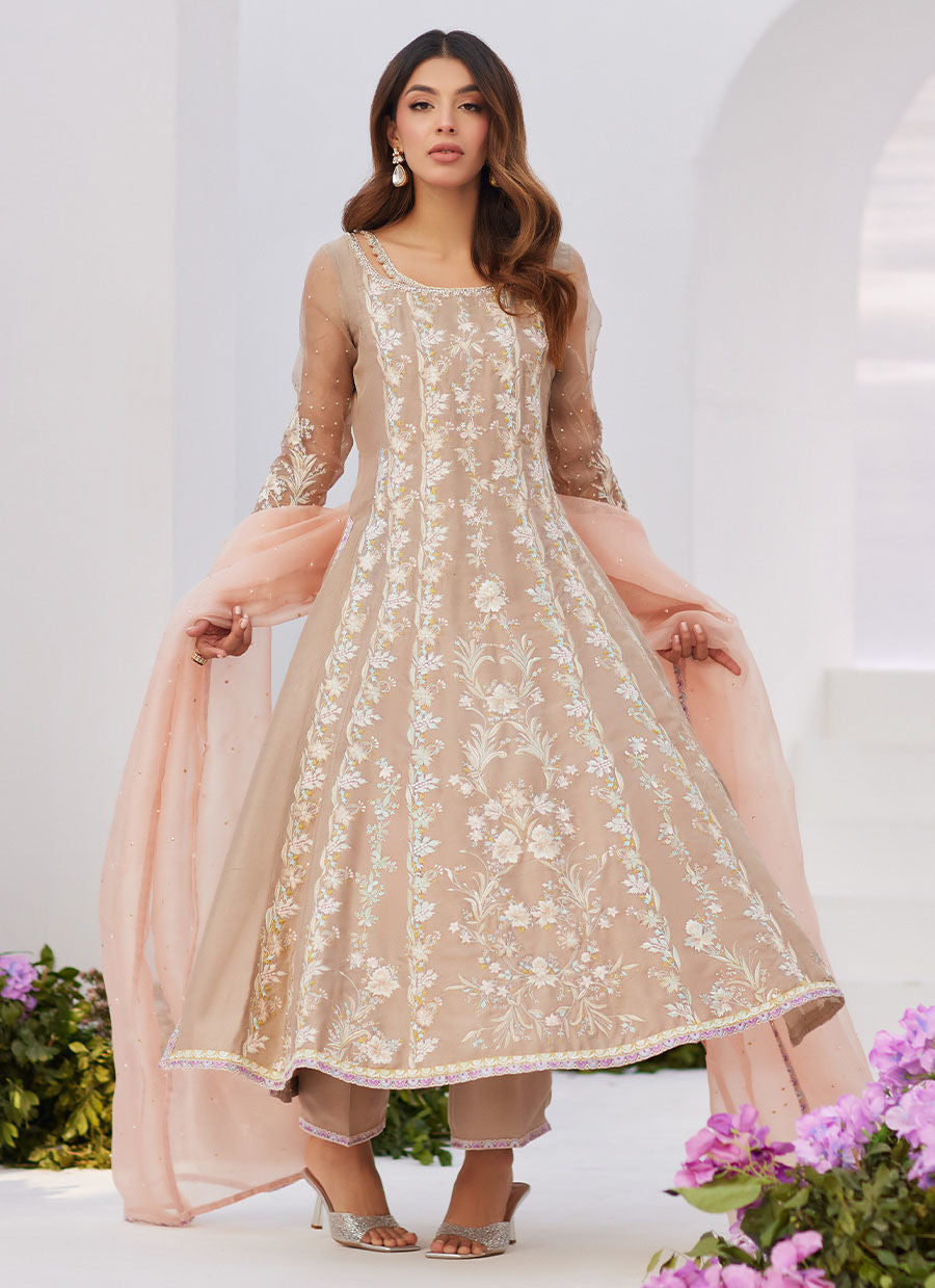 Farah Talib Aziz | Zaza Luxe Pret 24 | CHARLENE SAND EMBROIDERED KALIDAAR WITH DUPATTA - Official Farah Talib Aziz stockist in UK - Sakeena London
