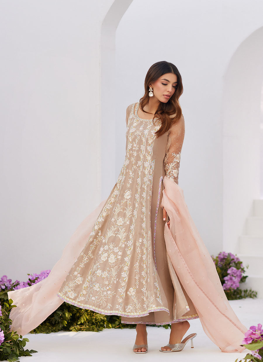 Farah Talib Aziz | Zaza Luxe Pret 24 | CHARLENE SAND EMBROIDERED KALIDAAR WITH DUPATTA - Official Farah Talib Aziz stockist in UK - Sakeena London