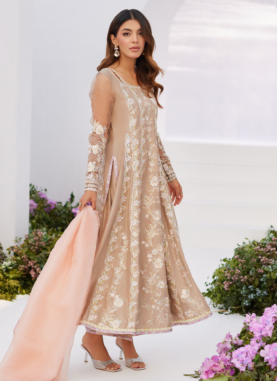 Farah Talib Aziz | Zaza Luxe Pret 24 | CHARLENE SAND EMBROIDERED KALIDAAR WITH DUPATTA - Official Farah Talib Aziz stockist in UK - Sakeena London