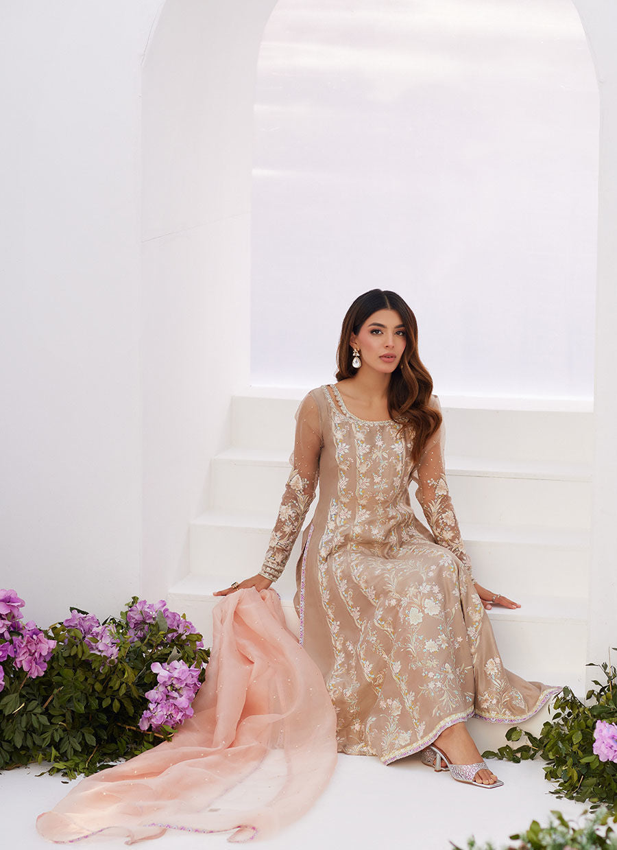 Farah Talib Aziz | Zaza Luxe Pret 24 | CHARLENE SAND EMBROIDERED KALIDAAR WITH DUPATTA - Official Farah Talib Aziz stockist in UK - Sakeena London