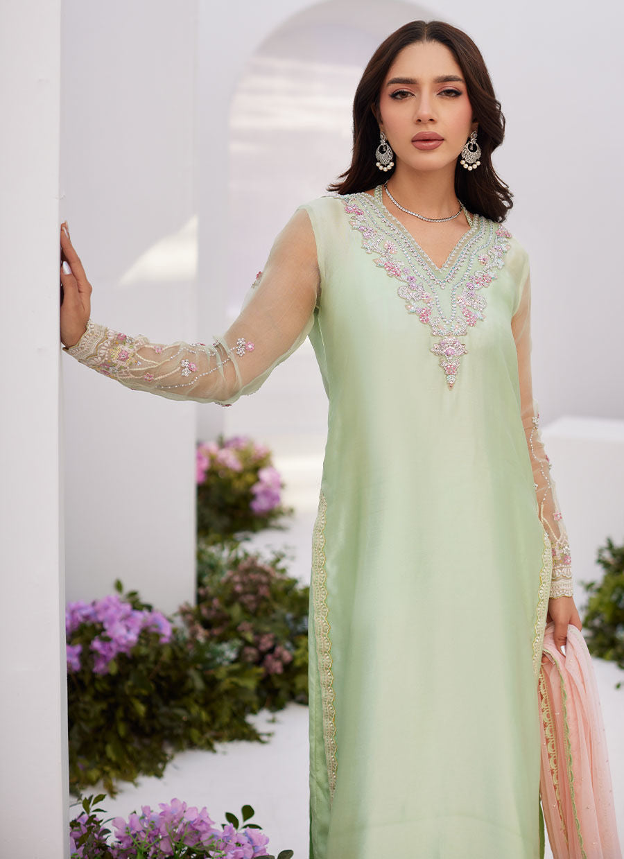 Farah Talib Aziz | Zaza Luxe Pret 24 | SOLENE AQUA OMBRE EMBELLISHED COLUMN SHIRT WITH EMBROIDERED KALIDAAR SLIP - Official Farah Talib Aziz stockist in UK - Sakeena London