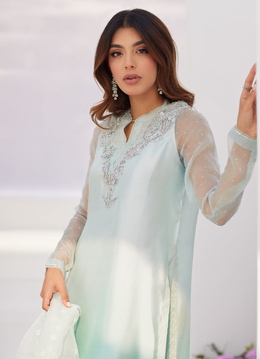 Farah Talib Aziz | Zaza Luxe Pret 24 | SOLENE AQUA OMBRE EMBELLISHED COLUMN SHIRT WITH EMBROIDERED KALIDAAR SLIP - Official Farah Talib Aziz stockist in UK - Sakeena London