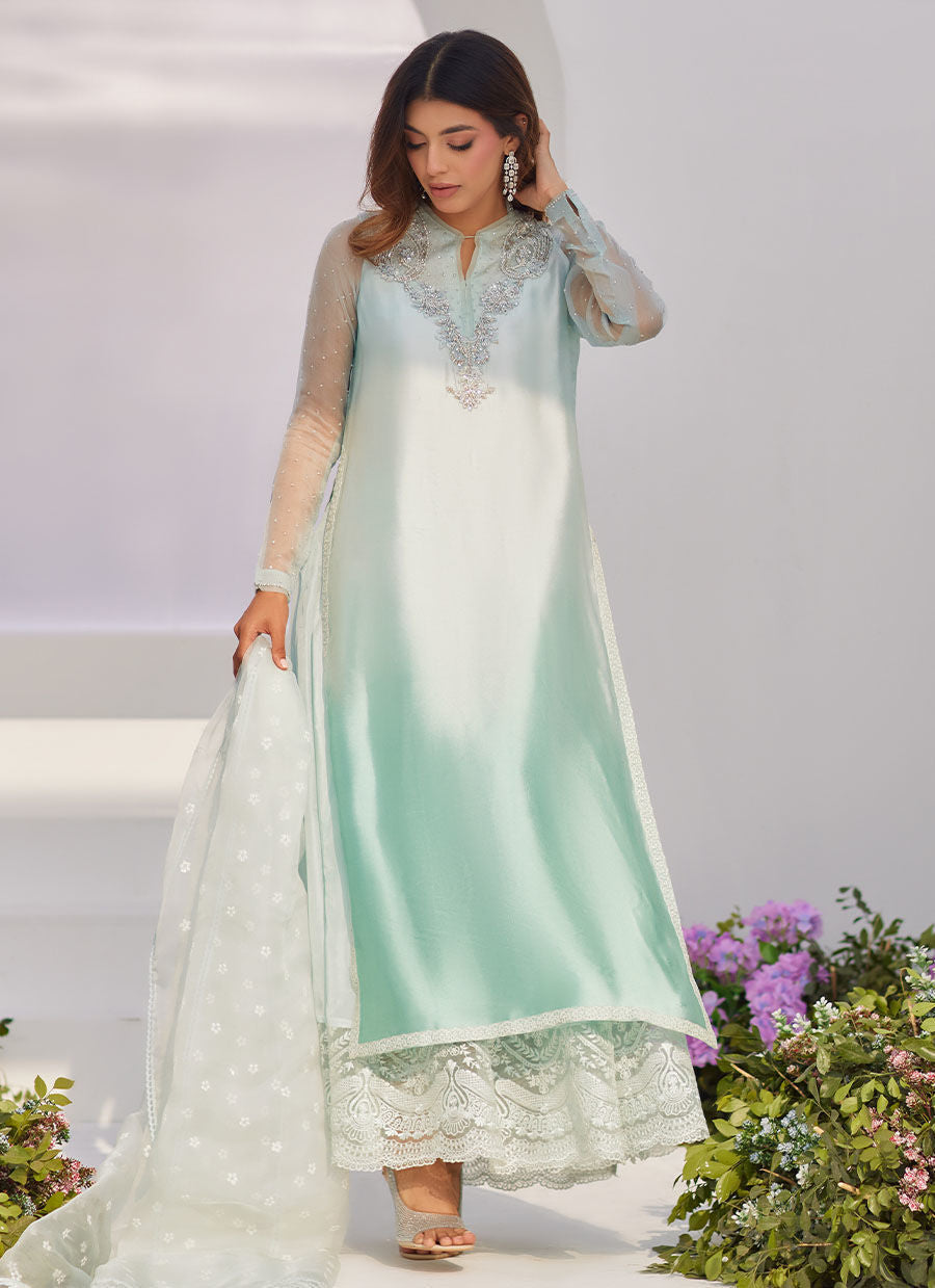 Farah Talib Aziz | Zaza Luxe Pret 24 | SOLENE AQUA OMBRE EMBELLISHED COLUMN SHIRT WITH EMBROIDERED KALIDAAR SLIP - Official Farah Talib Aziz stockist in UK - Sakeena London