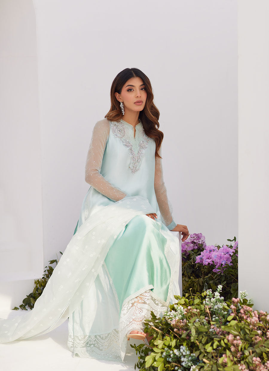 Farah Talib Aziz | Zaza Luxe Pret 24 | SOLENE AQUA OMBRE EMBELLISHED COLUMN SHIRT WITH EMBROIDERED KALIDAAR SLIP - Official Farah Talib Aziz stockist in UK - Sakeena London