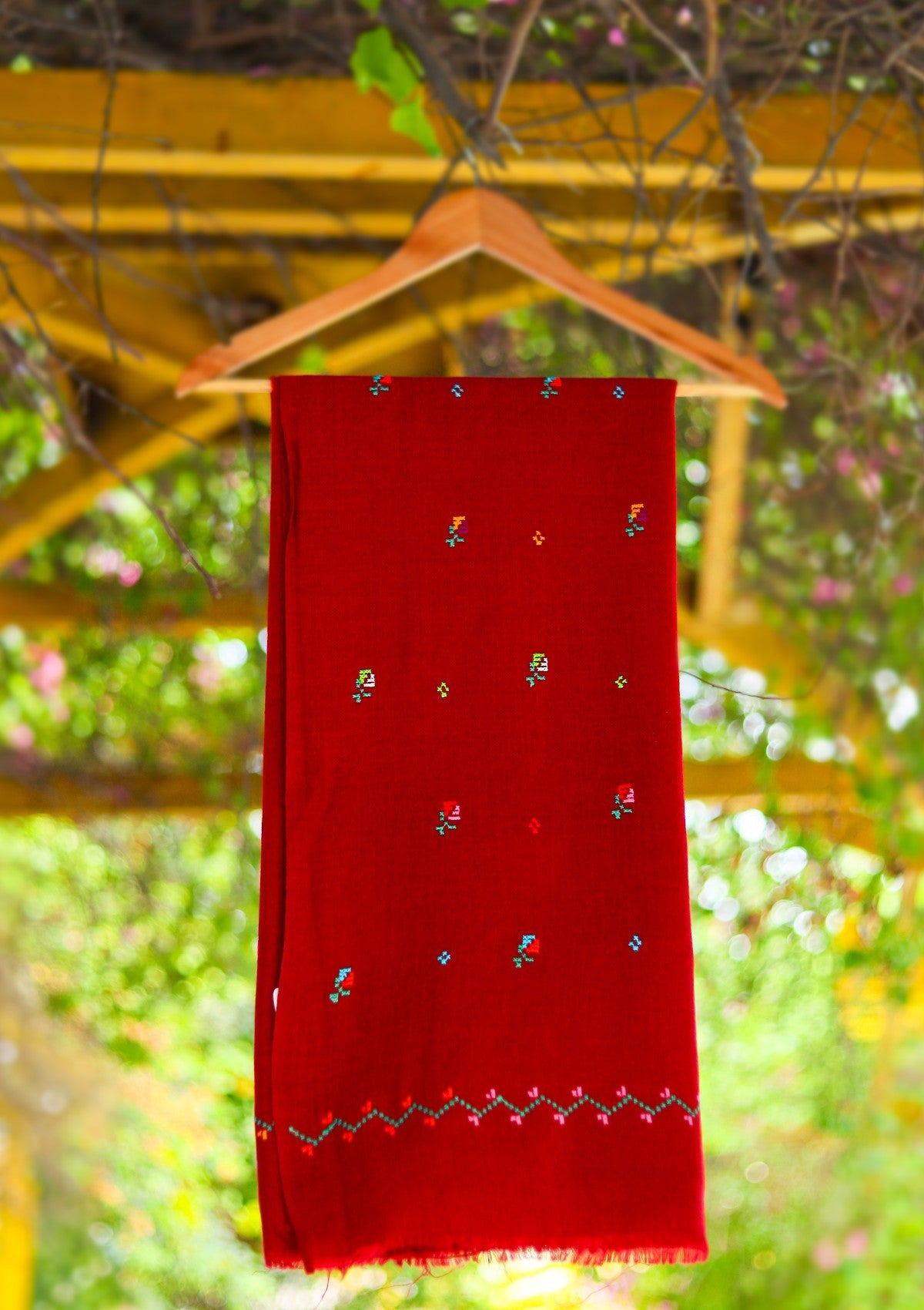 Wool Needle Work Shawl D - 56 - Red