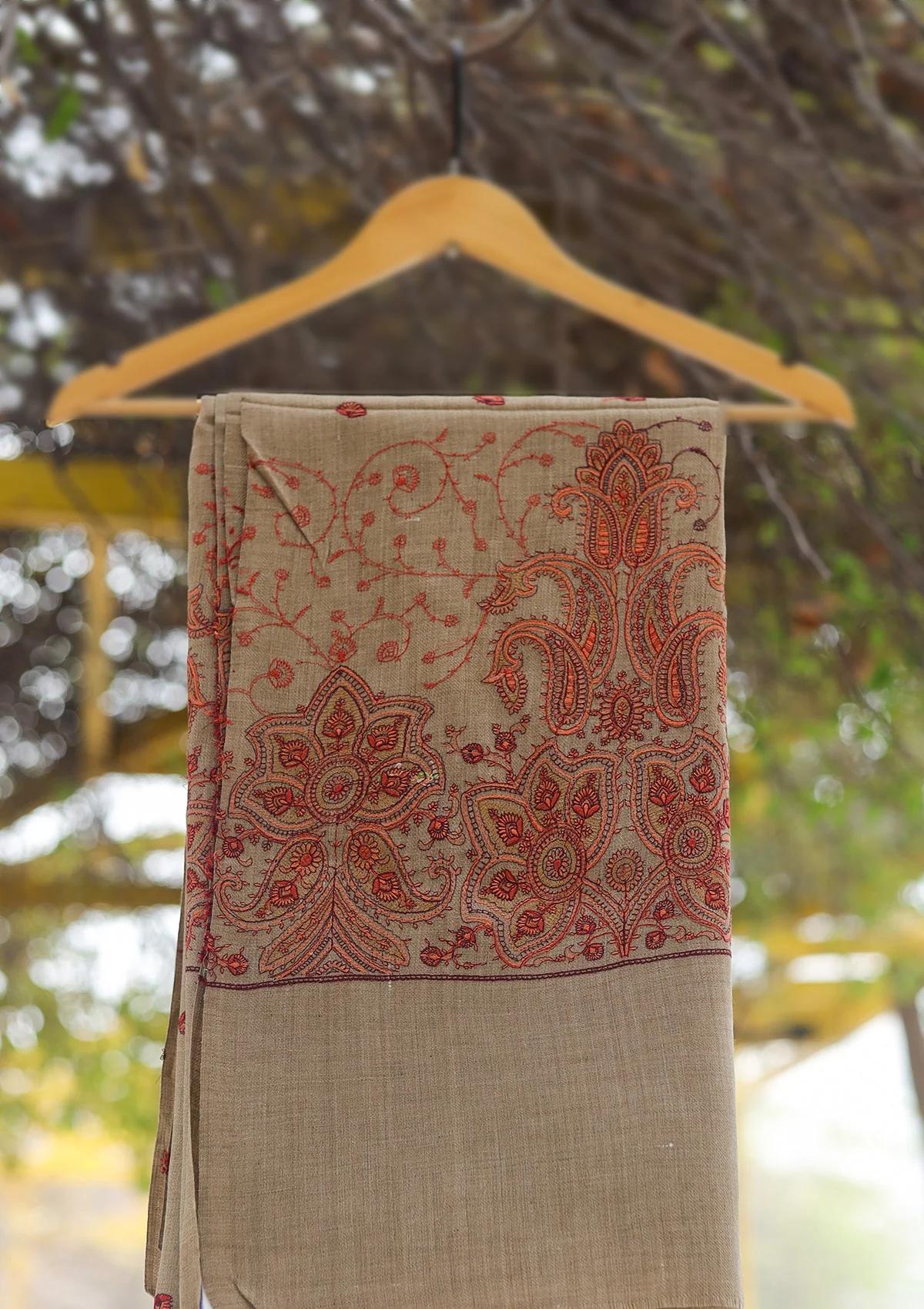 Wool Emboridered Shawl D - 07B - G BROWN