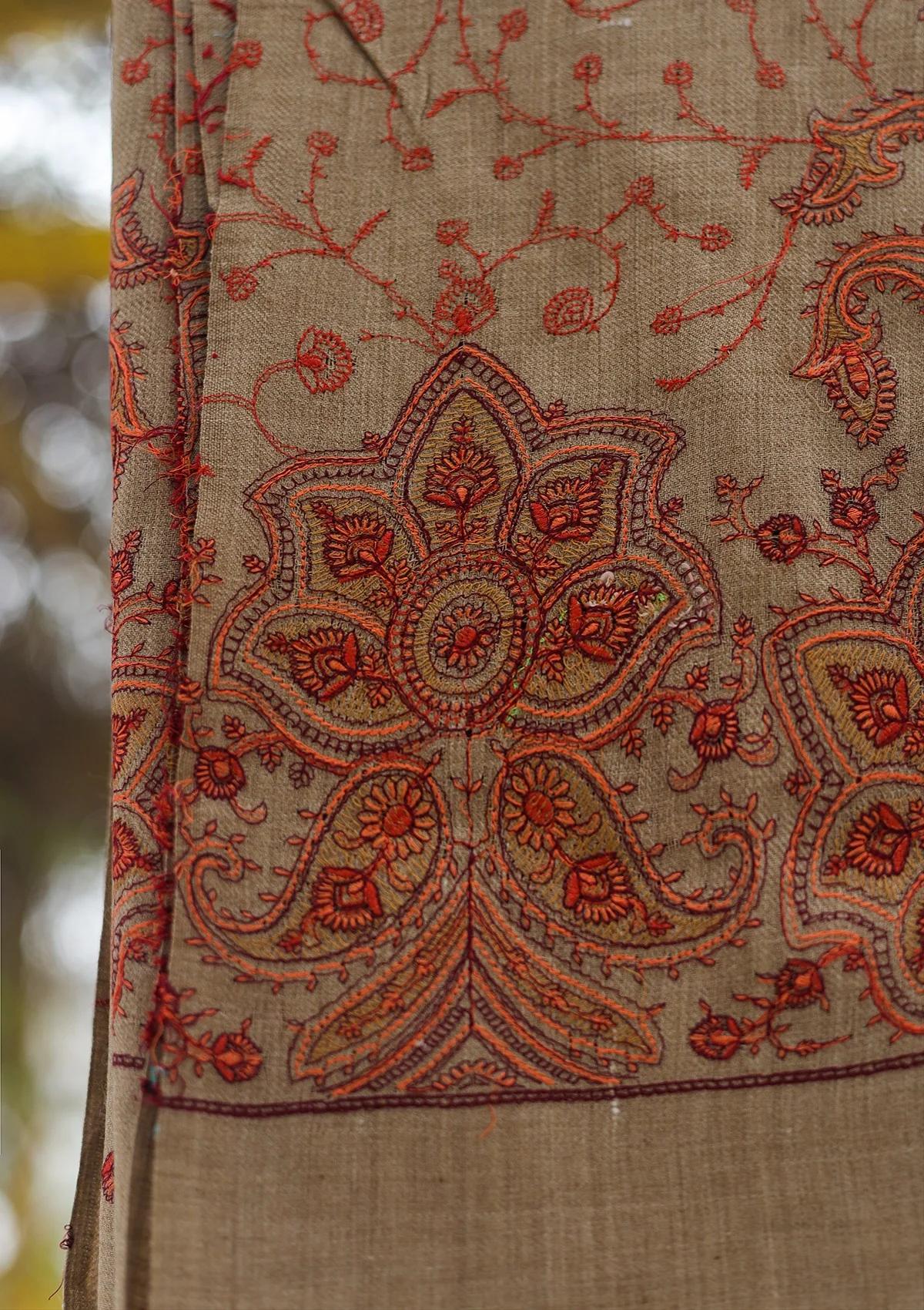 Wool Emboridered Shawl D - 07B - G BROWN