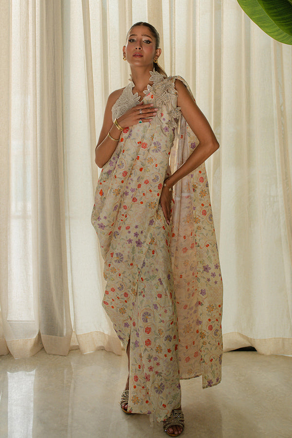 Mina Hassan | Signature Prints | Wrapped Goddess Stitched Saree - Official Mina Hassan stockist in UK - Sakeena London