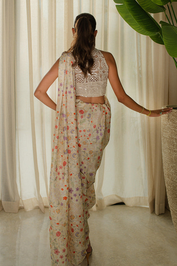 Mina Hassan | Signature Prints | Wrapped Goddess Stitched Saree - Official Mina Hassan stockist in UK - Sakeena London