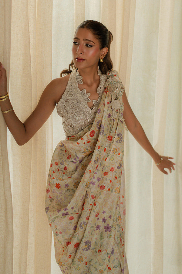Mina Hassan | Signature Prints | Wrapped Goddess Stitched Saree - Official Mina Hassan stockist in UK - Sakeena London