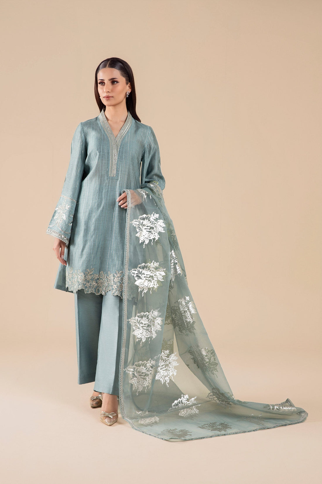 Maria B | Basics RTW | 3 Pc Embroidered Two Tone Lurex Silk Suit | MB-FS25-28 - Official Maria B stockist in UK - Sakeena London