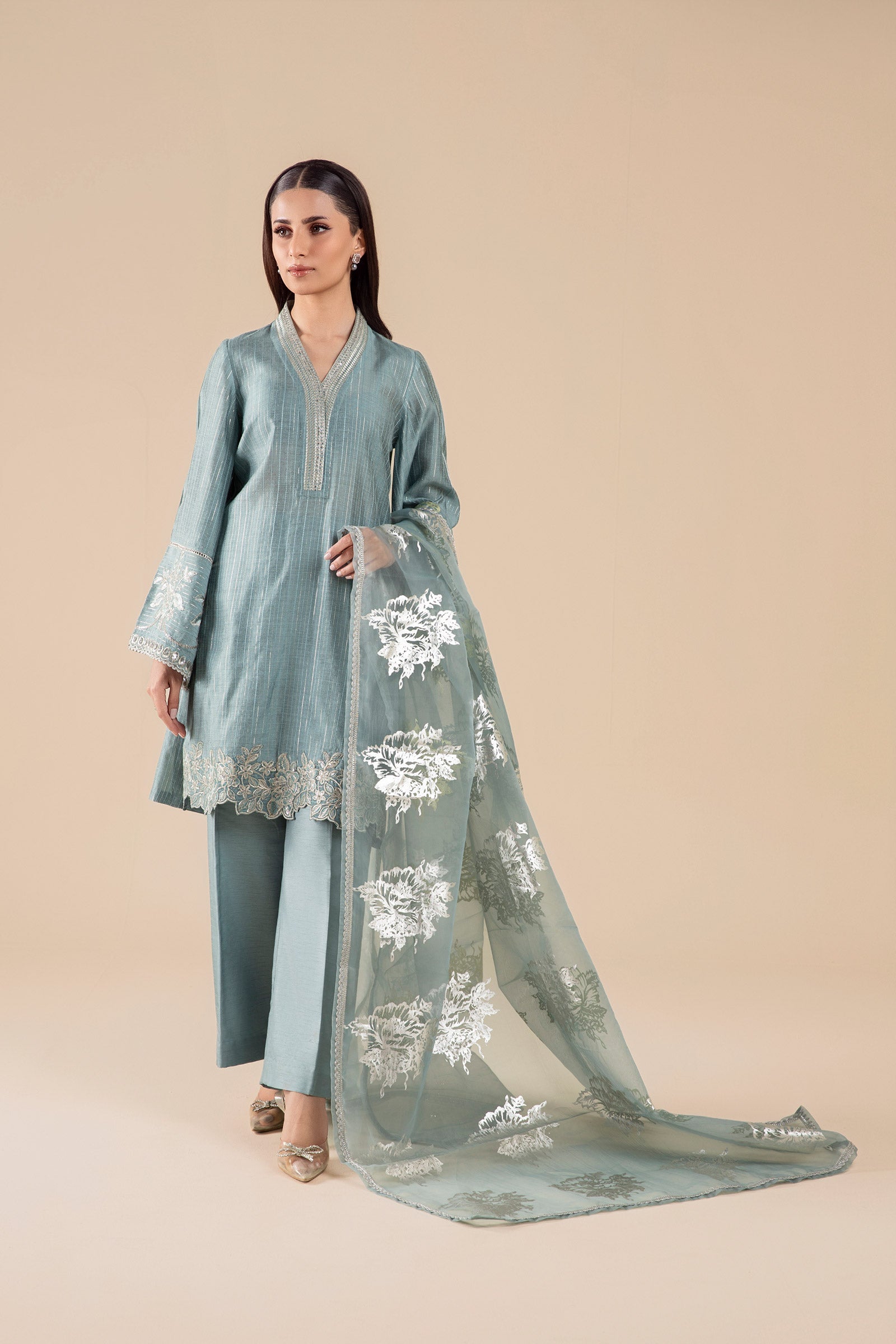 Maria B | Basics RTW | 3 Pc Embroidered Two Tone Lurex Silk Suit | MB-FS25-28 - Official Maria B stockist in UK - Sakeena London