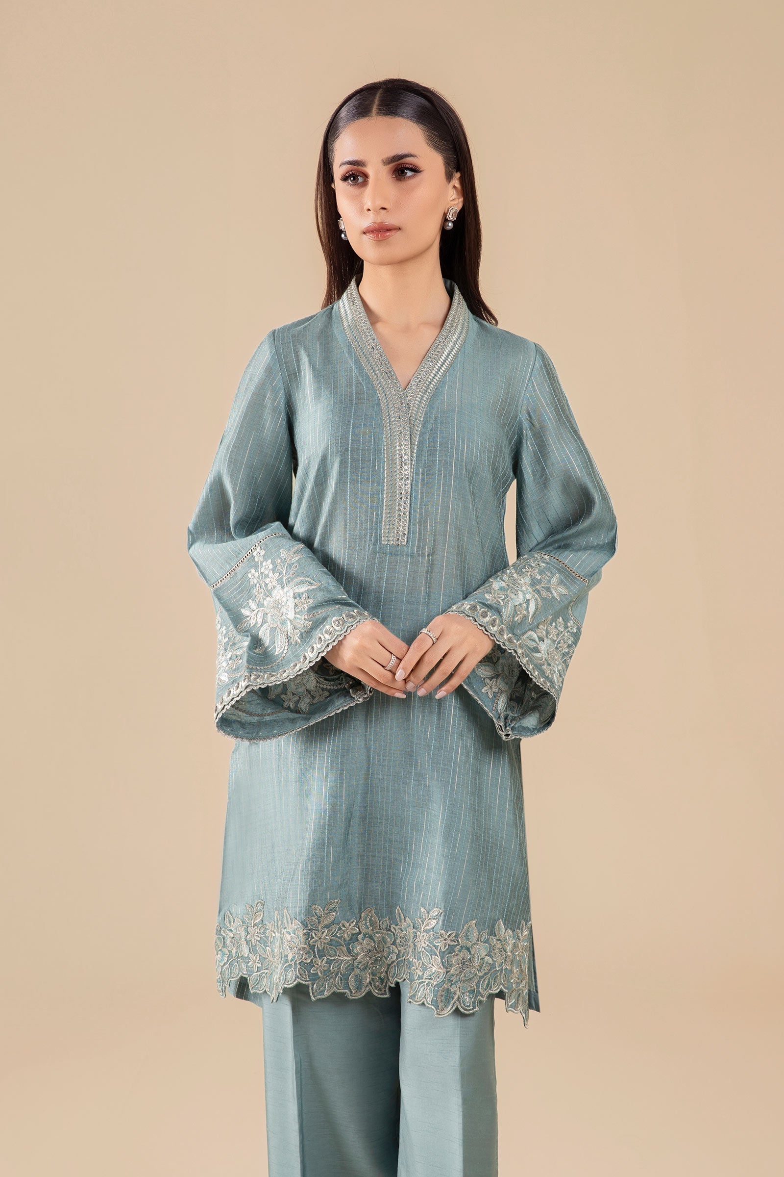 Maria B | Basics RTW | 3 Pc Embroidered Two Tone Lurex Silk Suit | MB-FS25-28 - Official Maria B stockist in UK - Sakeena London