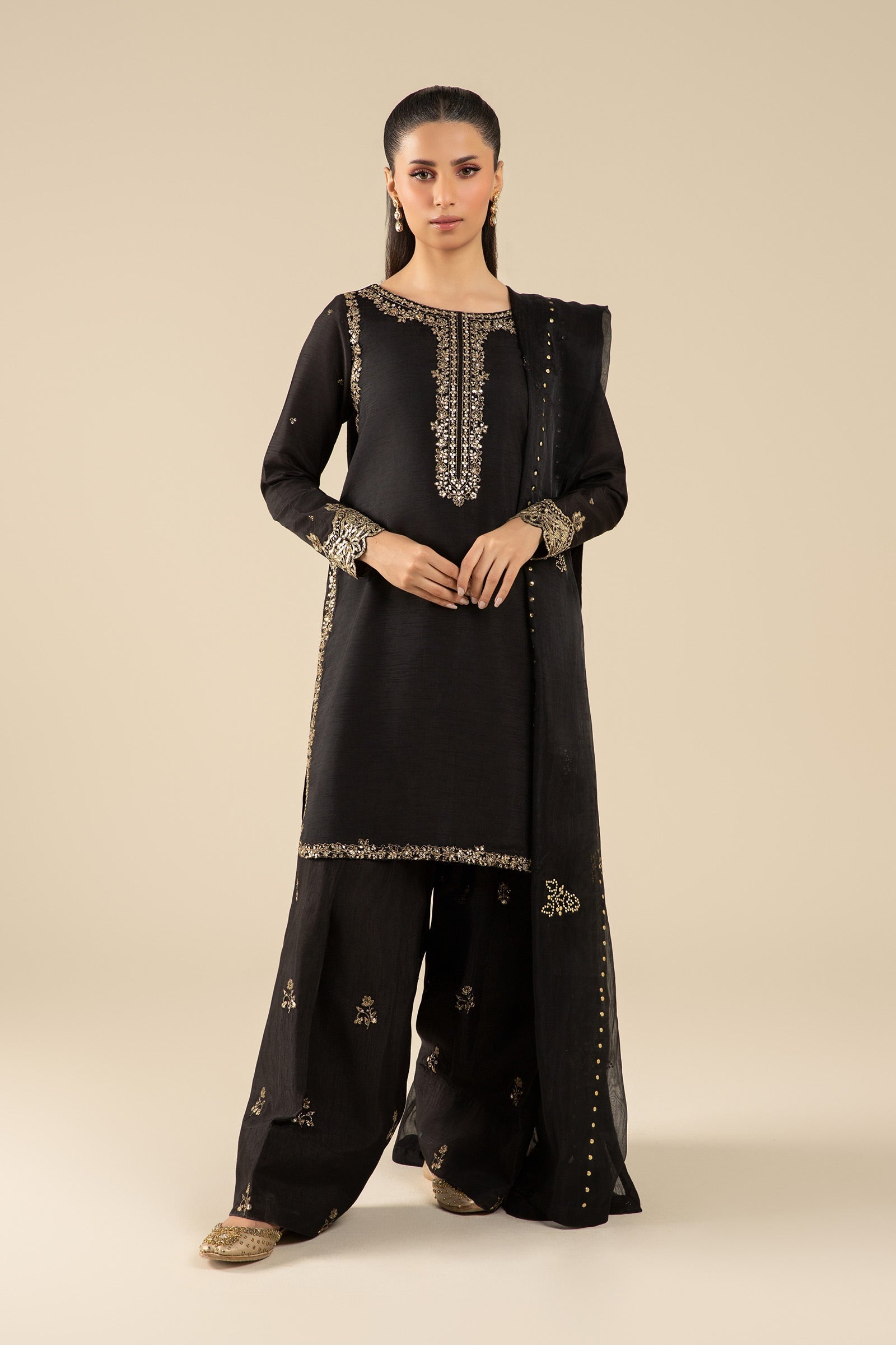 Maria B | Basics RTW | 3 Pc Embroidered Raw Silk Suit | MB-FS25-32-B - Official Maria B stockist in UK - Sakeena London