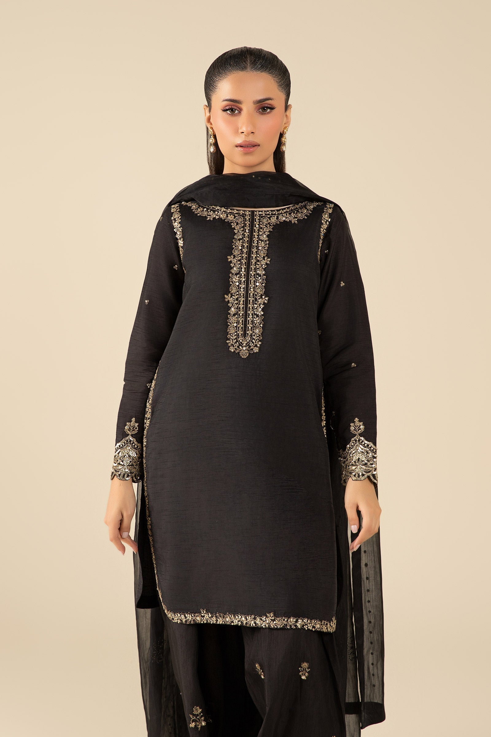 Maria B | Basics RTW | 3 Pc Embroidered Raw Silk Suit | MB-FS25-32-B - Official Maria B stockist in UK - Sakeena London