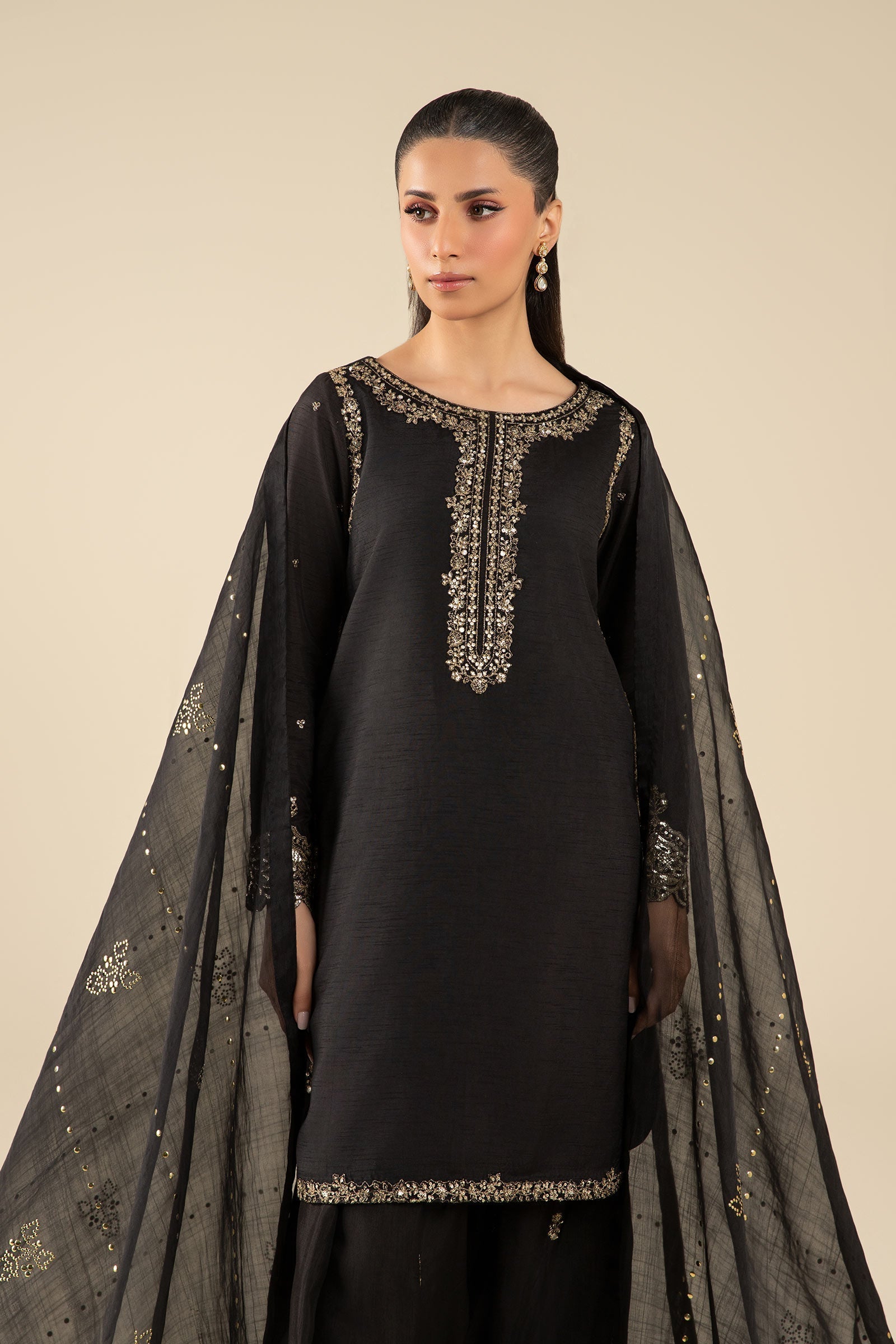 Maria B | Basics RTW | 3 Pc Embroidered Raw Silk Suit | MB-FS25-32-B - Official Maria B stockist in UK - Sakeena London