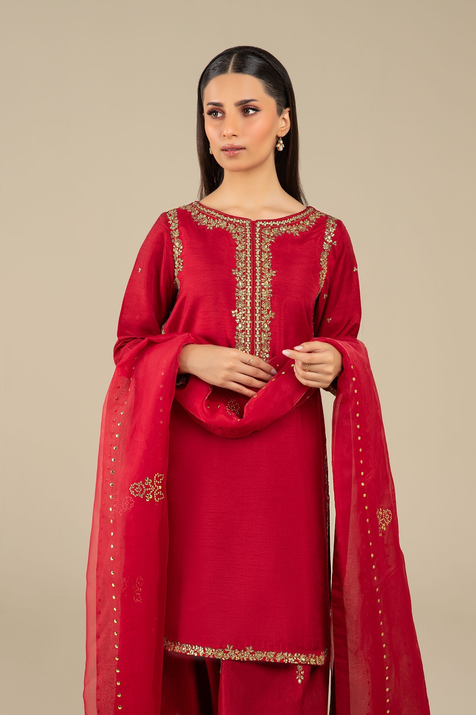 Maria B | Basics RTW | 3 Pc Embroidered Raw Silk Suit | MB-FS25-32 - Official Maria B stockist in UK - Sakeena London
