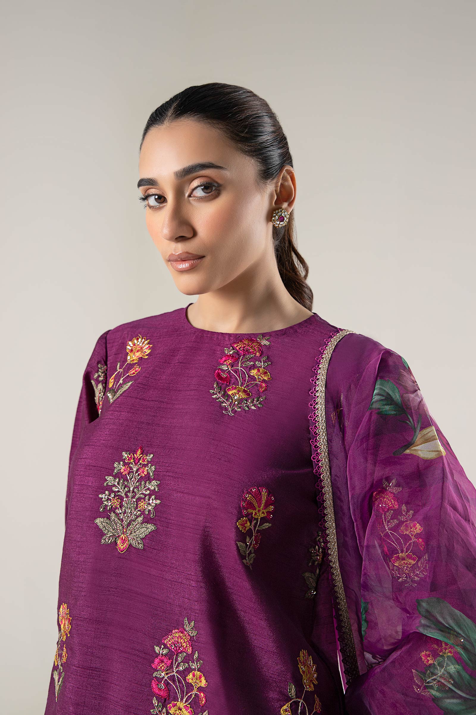 Maria B | Basics RTW | 3 Pc Embroidered Raw Silk Suit | MB-WF24-47 - Official Maria B stockist in UK - Sakeena London