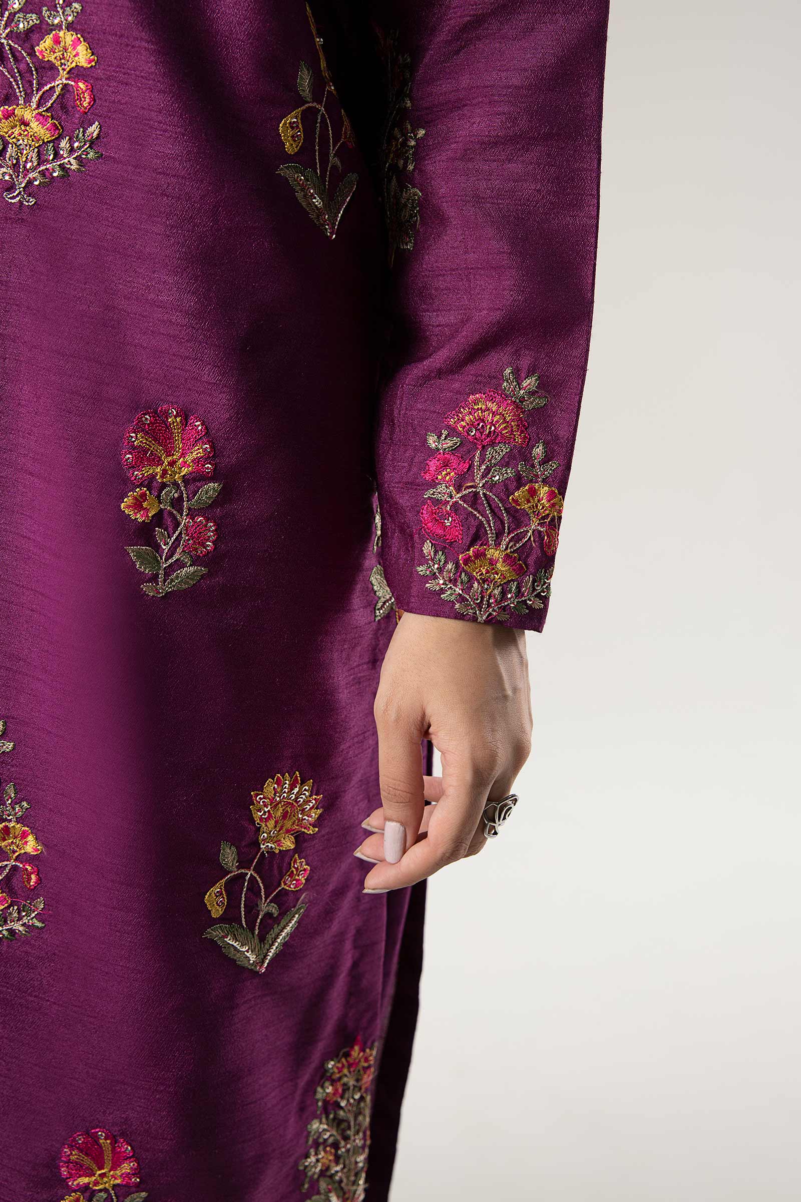 Maria B | Basics RTW | 3 Pc Embroidered Raw Silk Suit | MB-WF24-47 - Official Maria B stockist in UK - Sakeena London