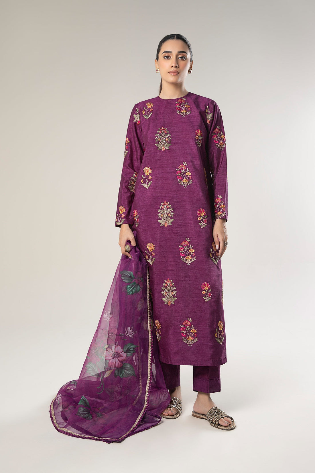 Maria B | Basics RTW | 3 Pc Embroidered Raw Silk Suit | MB-WF24-47 - Official Maria B stockist in UK - Sakeena London