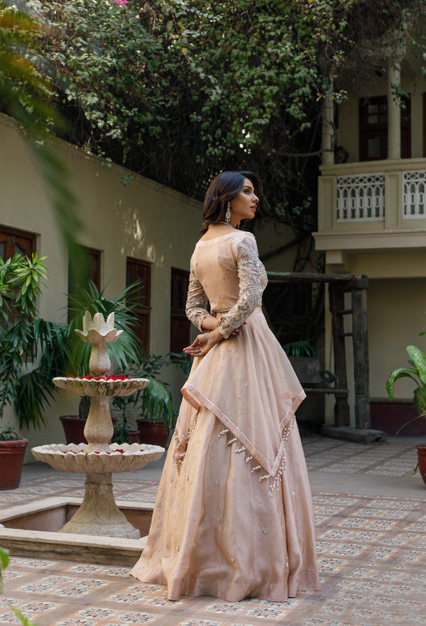 Wahajmkhan | Bahar Begum Formals | NUDE BIRD LEHNGA - Official Wahaj M.Khan stockist in UK - Sakeena London