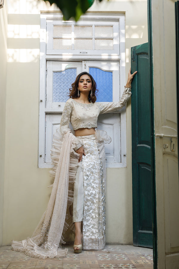 Wahajmkhan | Bahar Begum Formals | IVORY SARI PANTS - Official Wahaj M.Khan stockist in UK - Sakeena London