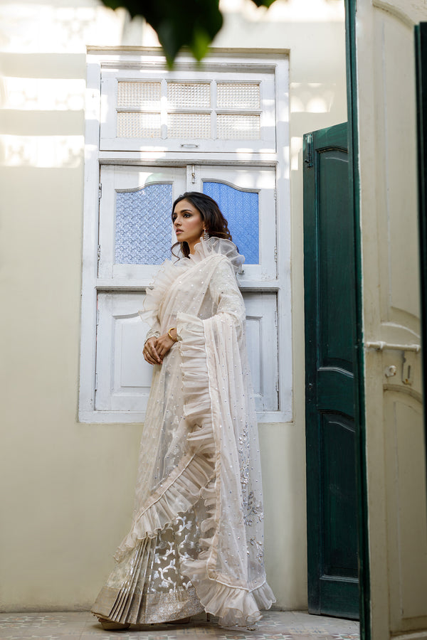 Wahajmkhan | Bahar Begum Formals | IVORY SARI PANTS - Official Wahaj M.Khan stockist in UK - Sakeena London