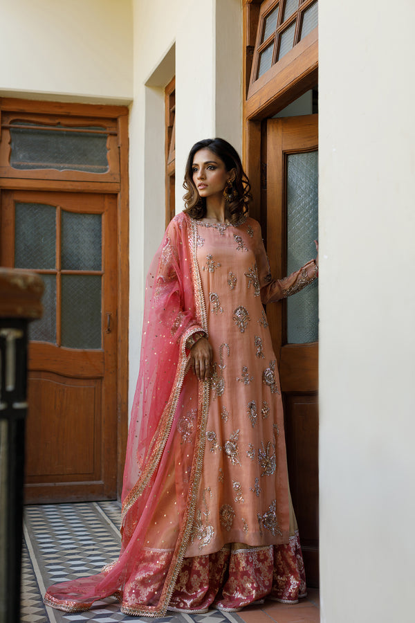Wahajmkhan | Bahar Begum Formals | PEACH CORAL BAHAR OUTFIT - Official Wahaj M.Khan stockist in UK - Sakeena London