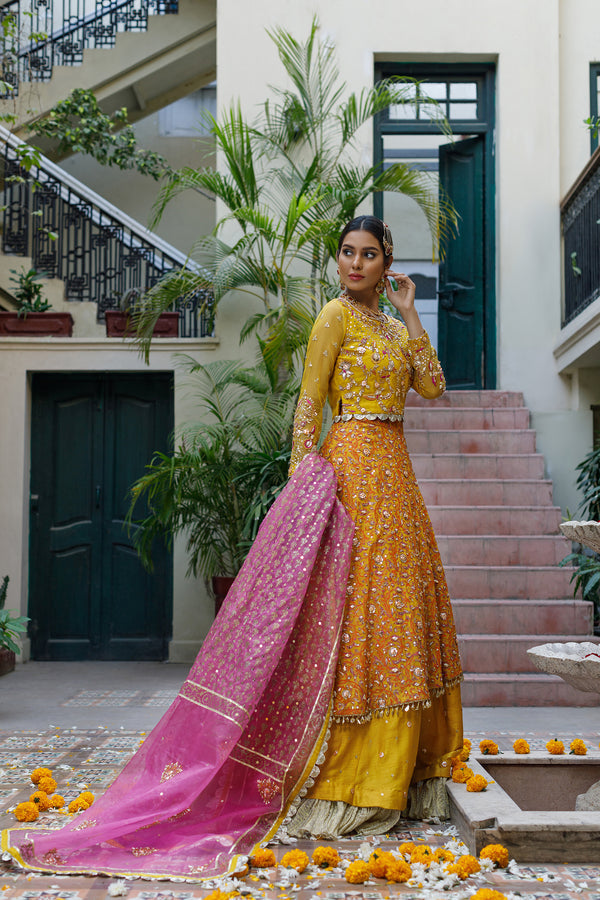 Wahajmkhan | Bahar Begum Formals | MUSTARD LAYERED LEHNGA CHOLI - Official Wahaj M.Khan stockist in UK - Sakeena London