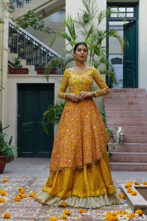 Wahajmkhan | Bahar Begum Formals | MUSTARD LAYERED LEHNGA CHOLI - Official Wahaj M.Khan stockist in UK - Sakeena London