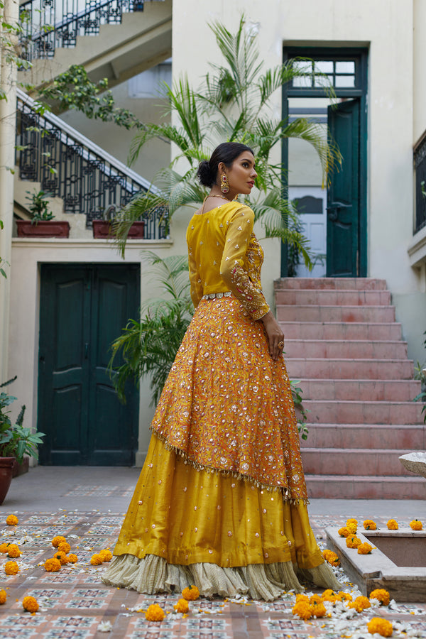 Wahajmkhan | Bahar Begum Formals | MUSTARD LAYERED LEHNGA CHOLI - Official Wahaj M.Khan stockist in UK - Sakeena London