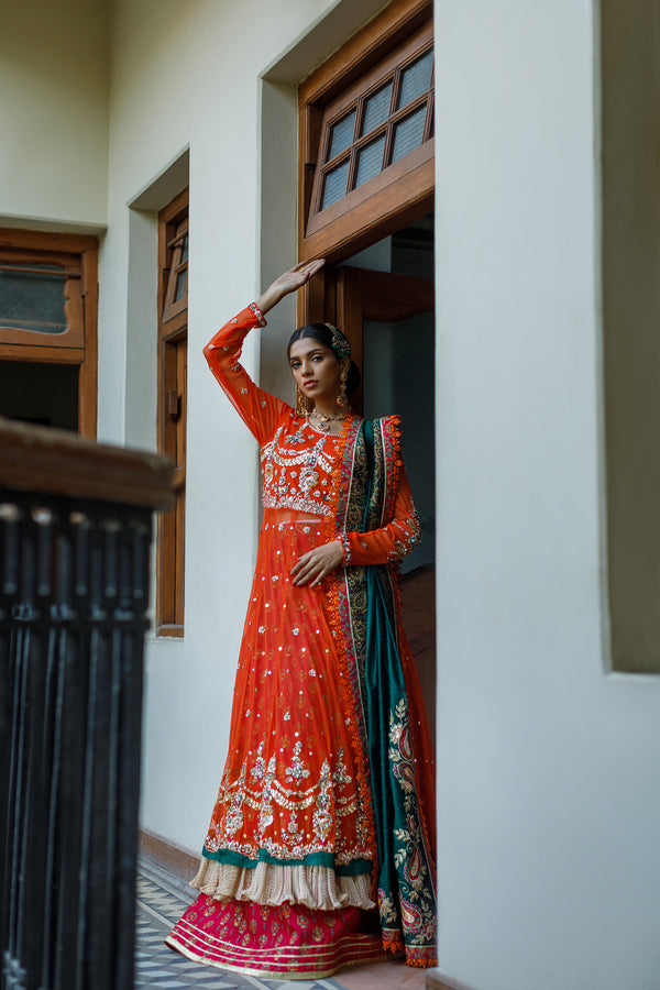 Wahajmkhan | Bahar Begum Formals | BURNT & EMERALD SHAWL ANARKALI - Official Wahaj M.Khan stockist in UK - Sakeena London