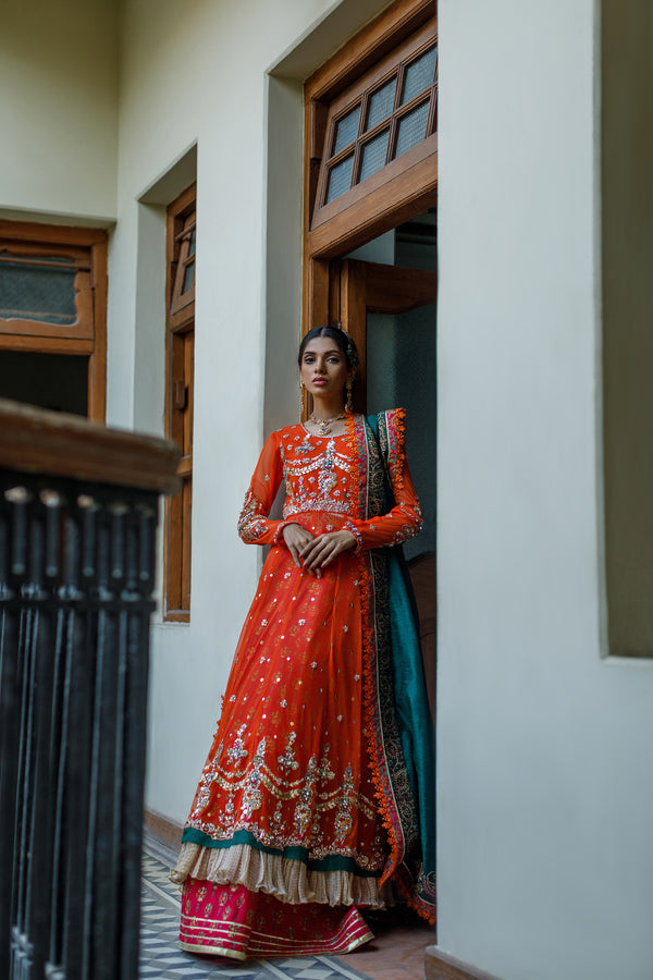 Wahajmkhan | Bahar Begum Formals | BURNT & EMERALD SHAWL ANARKALI - Official Wahaj M.Khan stockist in UK - Sakeena London