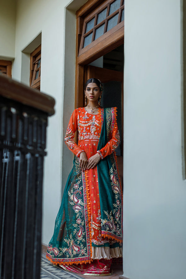 Wahajmkhan | Bahar Begum Formals | BURNT & EMERALD SHAWL ANARKALI - Official Wahaj M.Khan stockist in UK - Sakeena London
