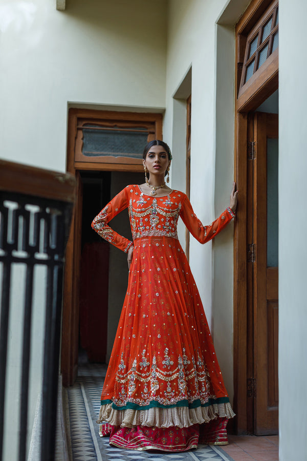 Wahajmkhan | Bahar Begum Formals | BURNT & EMERALD SHAWL ANARKALI - Official Wahaj M.Khan stockist in UK - Sakeena London
