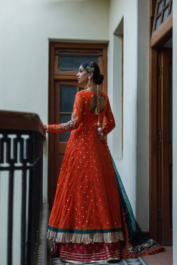 Wahajmkhan | Bahar Begum Formals | BURNT & EMERALD SHAWL ANARKALI - Official Wahaj M.Khan stockist in UK - Sakeena London