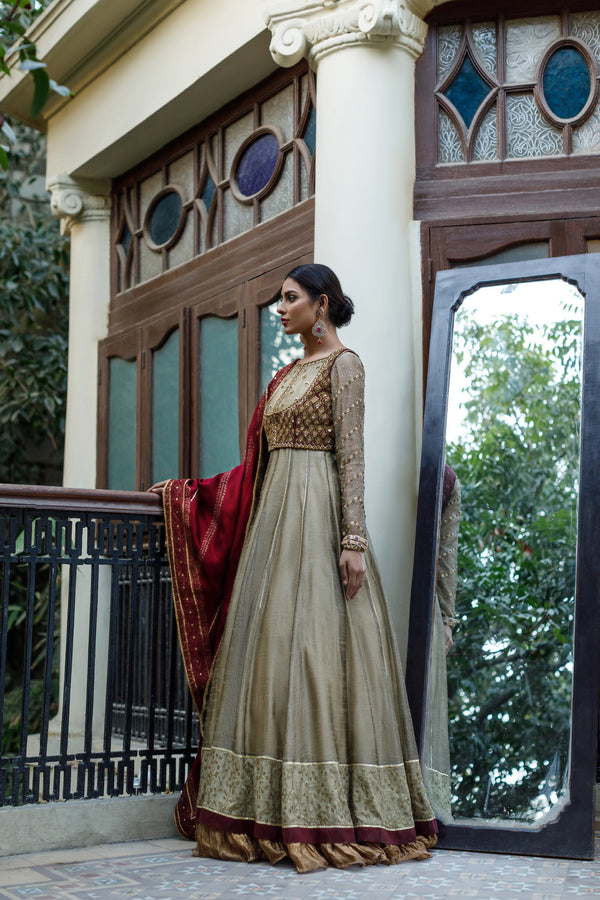 Wahajmkhan | Bahar Begum Formals | IVORY & MAROON BEGUM PESHWAS - Official Wahaj M.Khan stockist in UK - Sakeena London
