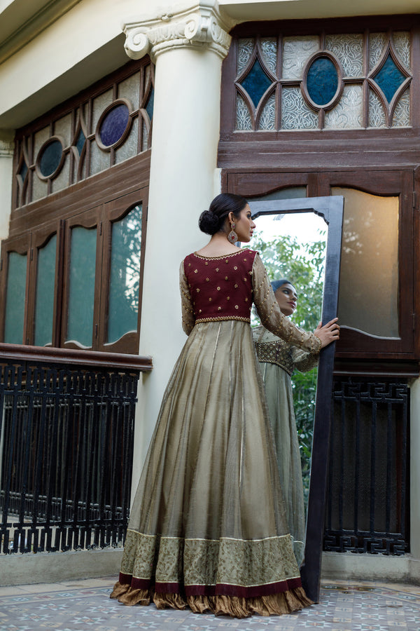 Wahajmkhan | Bahar Begum Formals | IVORY & MAROON BEGUM PESHWAS - Official Wahaj M.Khan stockist in UK - Sakeena London