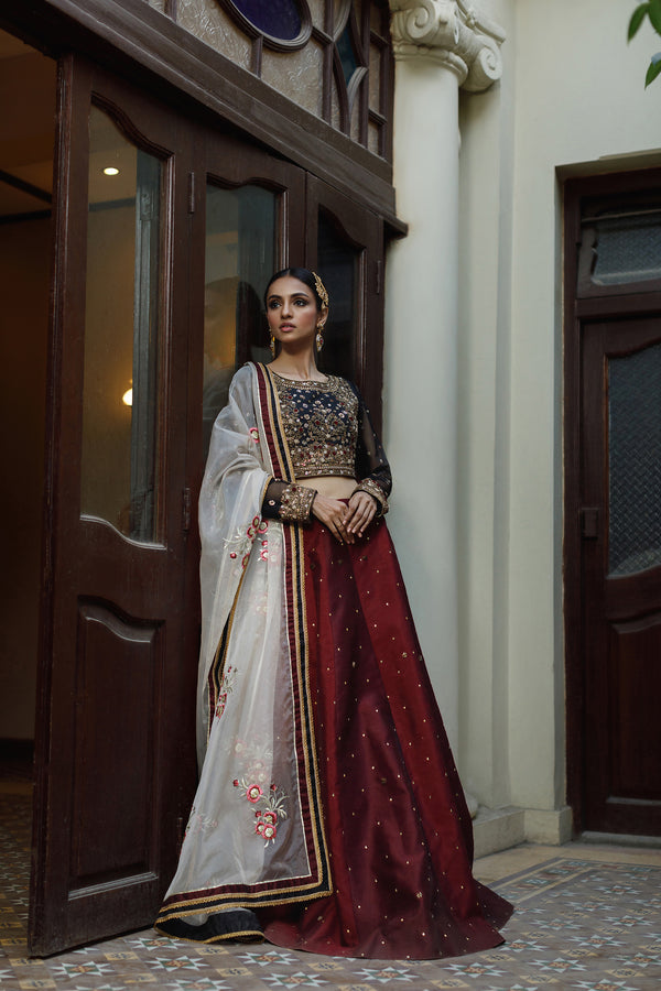 Wahajmkhan | Bahar Begum Formals | BLACK & MAROON BEGUM LEHNGA - Official Wahaj M.Khan stockist in UK - Sakeena London