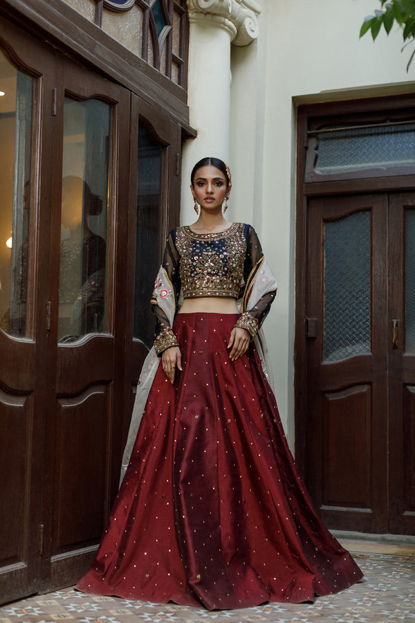 Wahajmkhan | Bahar Begum Formals | BLACK & MAROON BEGUM LEHNGA - Official Wahaj M.Khan stockist in UK - Sakeena London