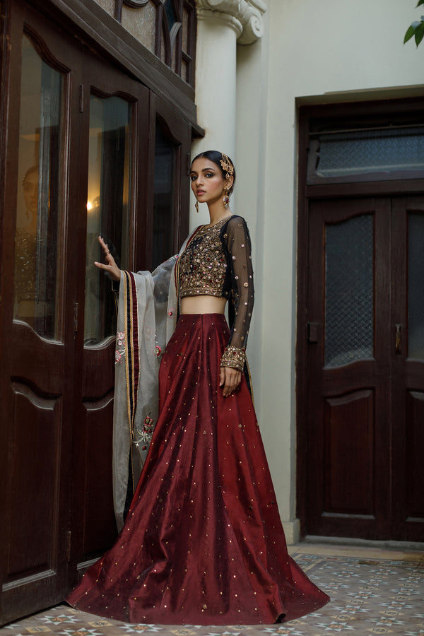 Wahajmkhan | Bahar Begum Formals | BLACK & MAROON BEGUM LEHNGA - Official Wahaj M.Khan stockist in UK - Sakeena London