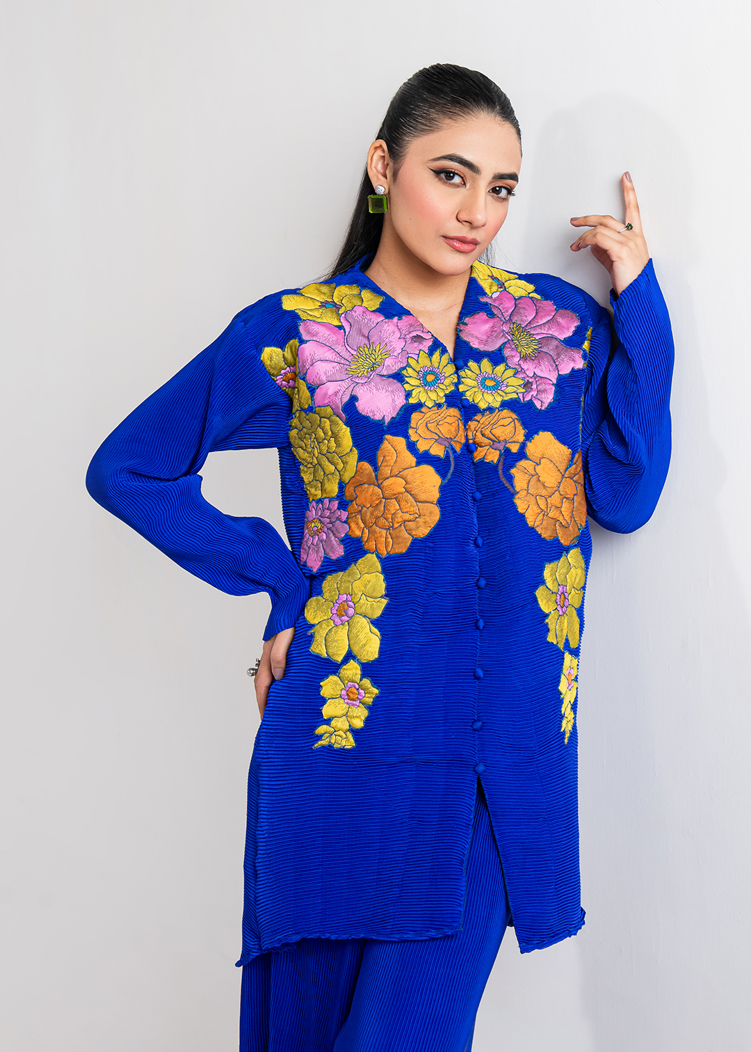 Maria Osama Khan | Claire Pleated Silk | Azure - Official Maria Osama Khan stockist in UK - Sakeena London