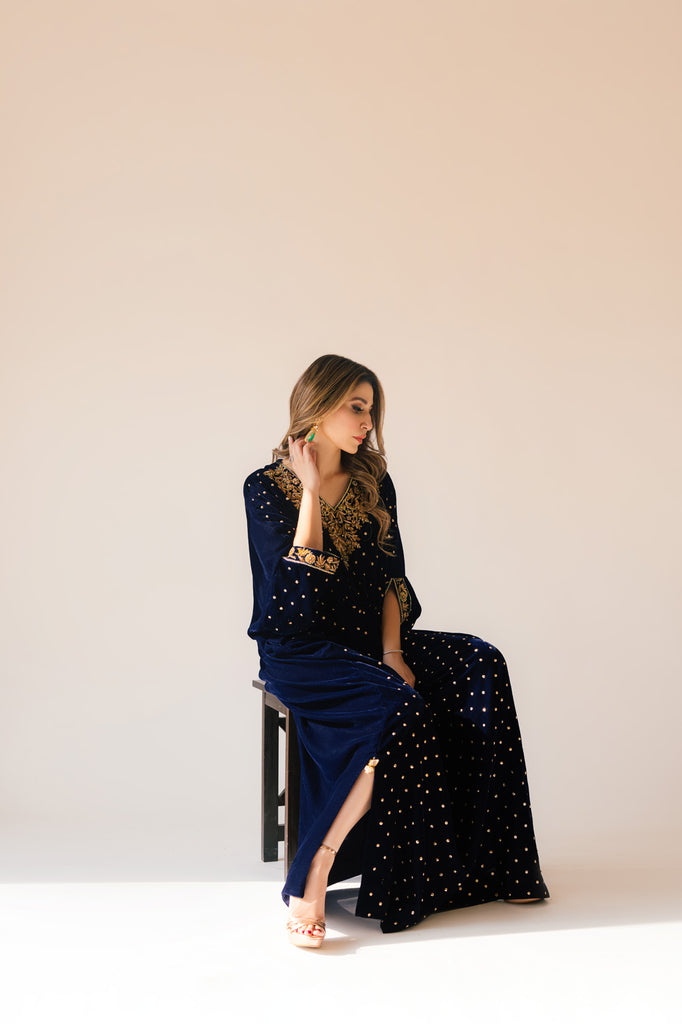 Sammy K | Velvet Festive Edit | Navy Blue Caftan - Official Sammy K stockist in UK - Sakeena London