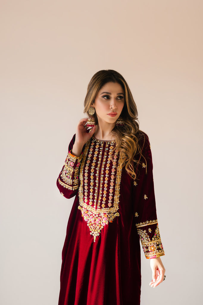 Sammy K | Velvet Festive Edit | Maroon Maxi velvet Outfit - Official Sammy K stockist in UK - Sakeena London
