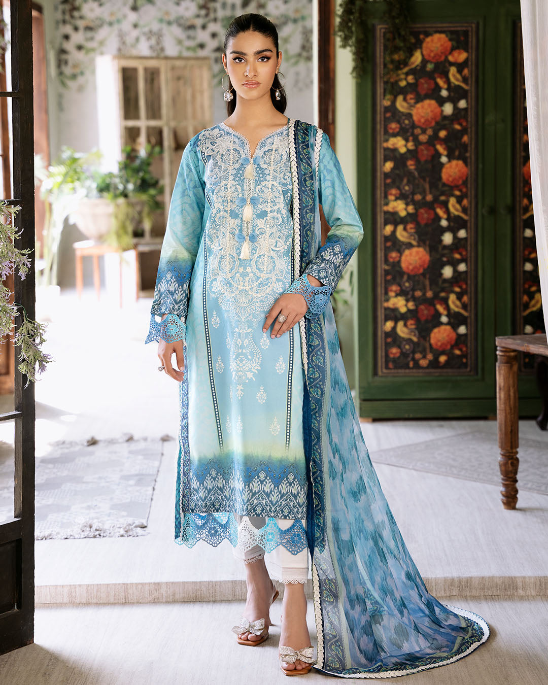 Roheenaz | Flora Printed Lawn | Azure - Official Roheenaz stockist in UK - Sakeena London