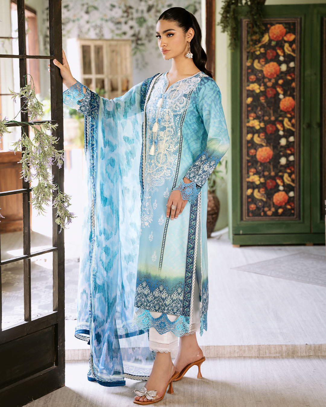 Roheenaz | Flora Printed Lawn | Azure - Official Roheenaz stockist in UK - Sakeena London