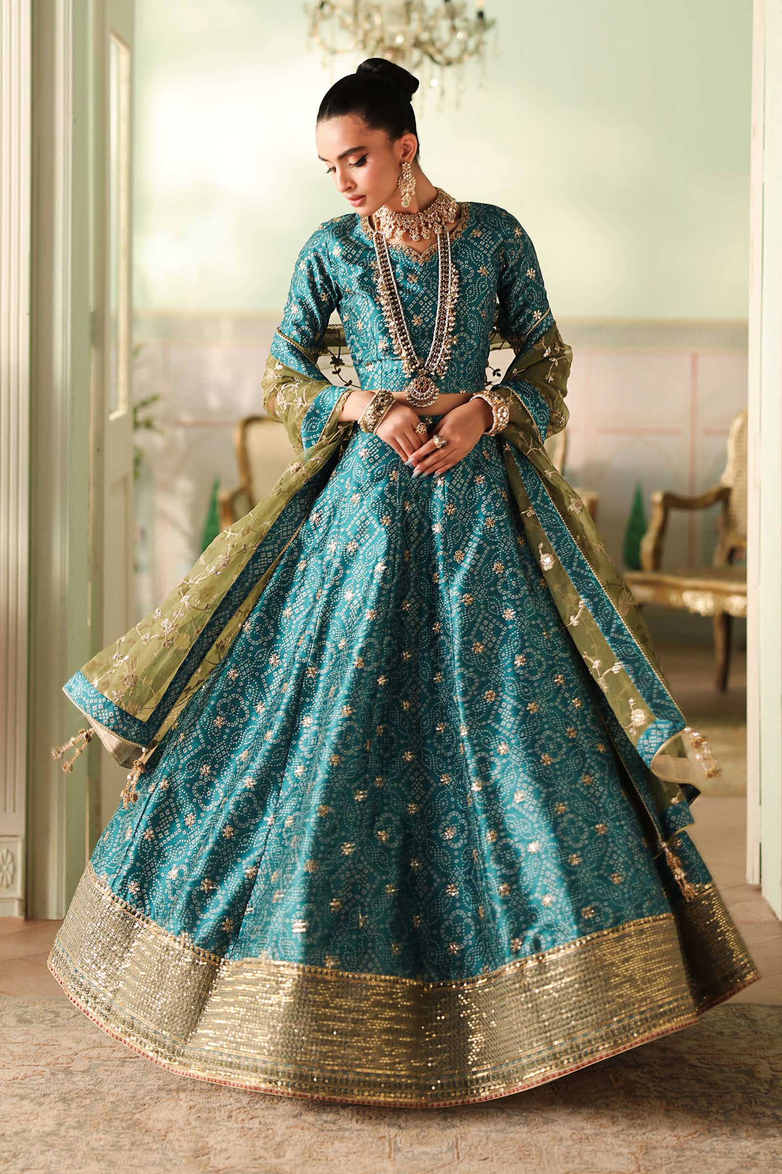 Maria B | Pre Fall Dresses | 3 Piece Embroidered Raw Silk Suit Teal Green - Official Maria B stockist in UK - Sakeena London
