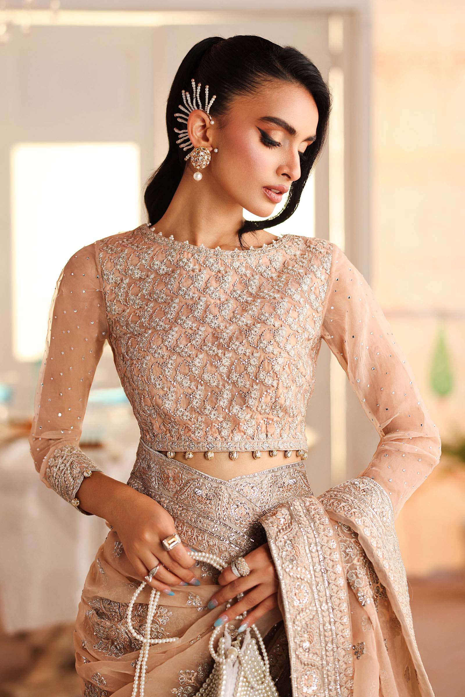 Maria B | Pre Fall Dresses | Embroidered Organza Saree Peach - Official Maria B stockist in UK - Sakeena London