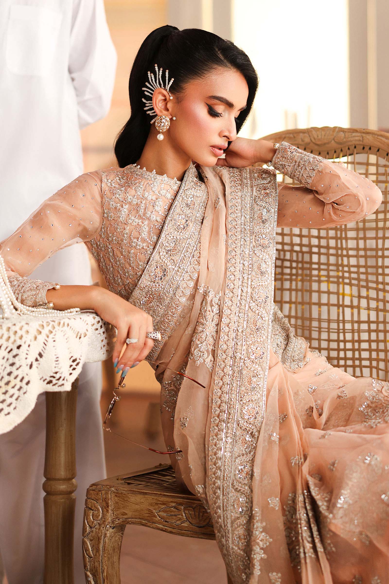Maria B | Pre Fall Dresses | Embroidered Organza Saree Peach - Official Maria B stockist in UK - Sakeena London